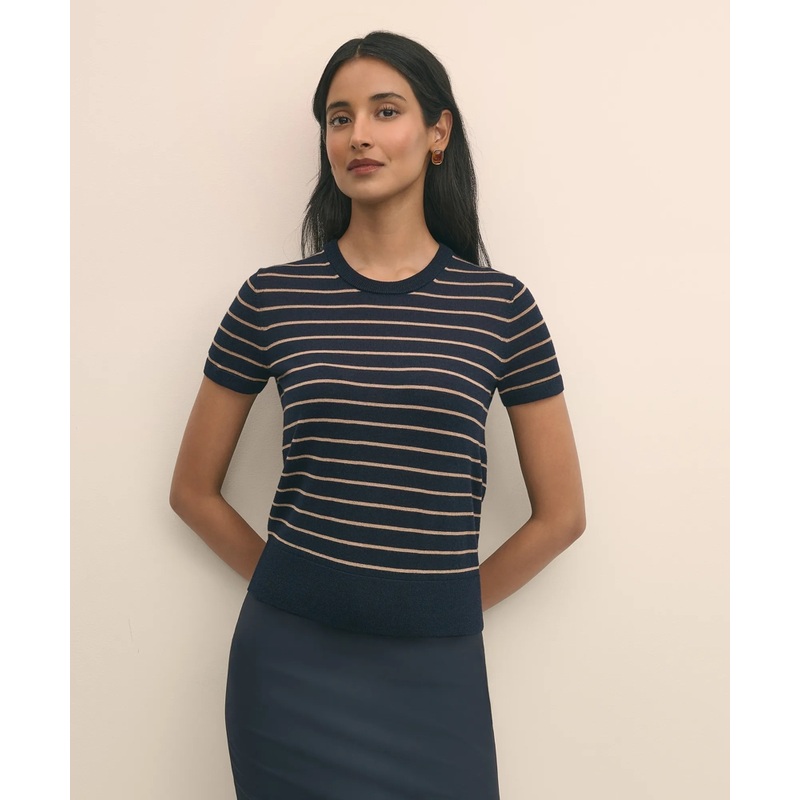 Merino Wool Striped Short-Sleeve Sweater Shell