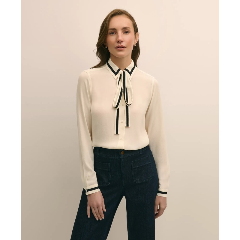 Viscose Contrast Tie-Neck Blouse