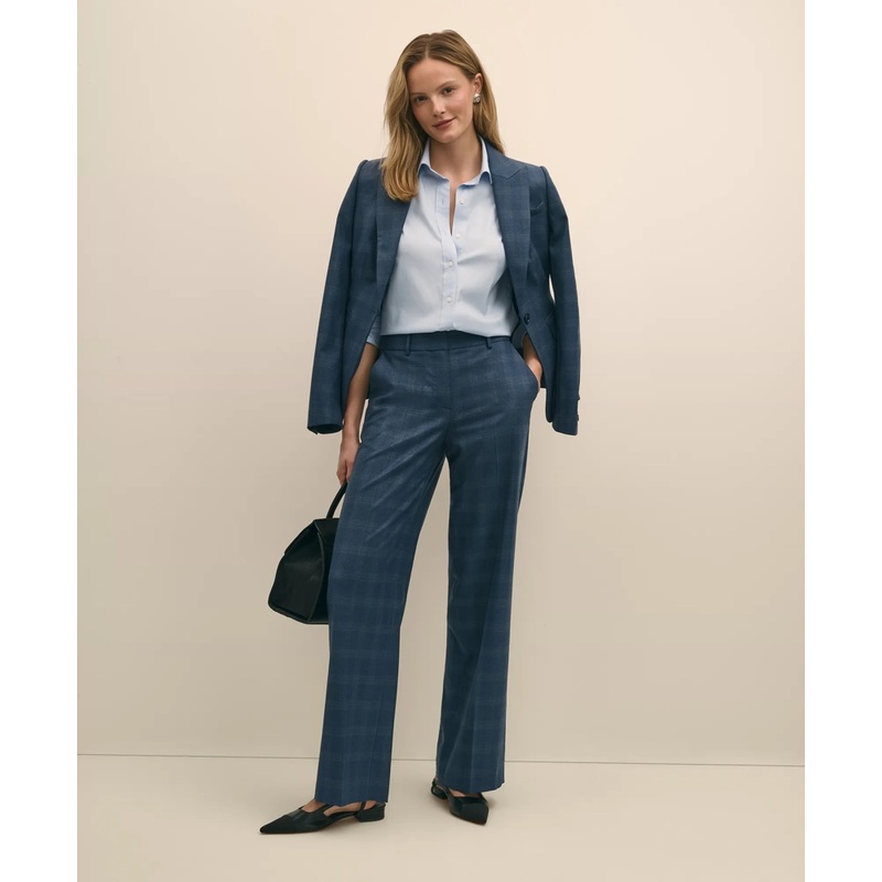 Wool-Silk Blend Plaid Straight Leg Pants