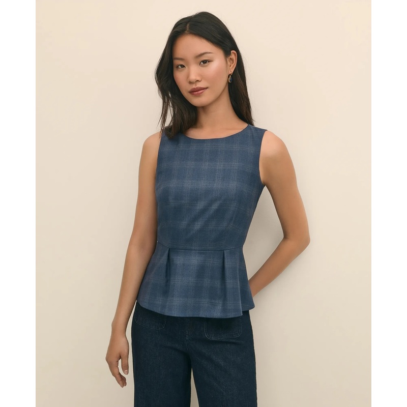 Wool-Silk Blend Sleeveless Plaid Peplum Top