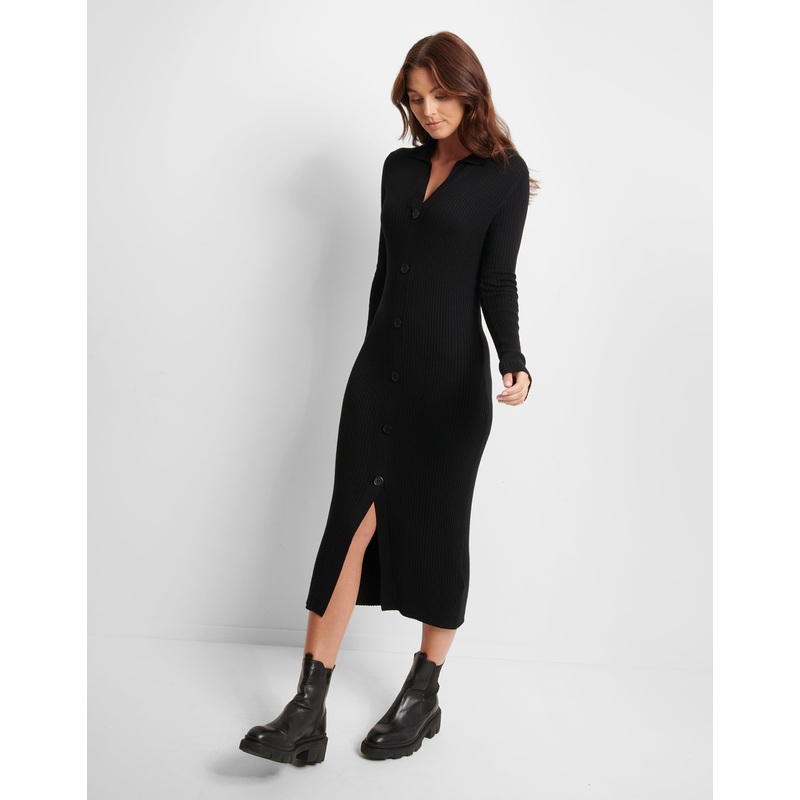 Black Long Sleeve Mock Cardigan Dress Black 6