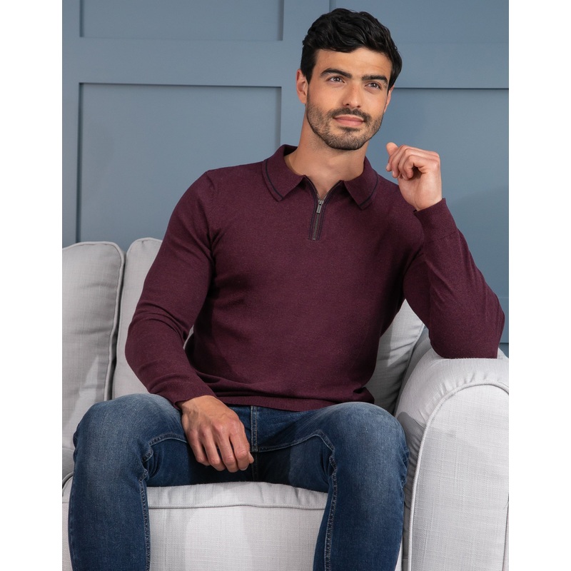 Burgundy Quarter Zip Polo Jumper Burgundy S