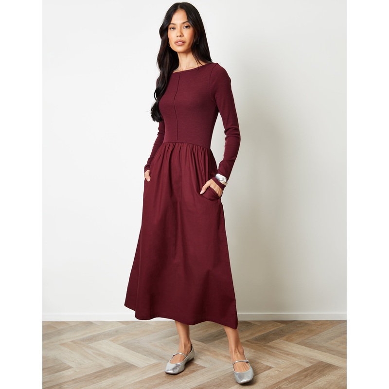 Berry Red 2-in-1 Jersey Poplin Mix Slash Neck Long Sleeve Dress Berry Red 8