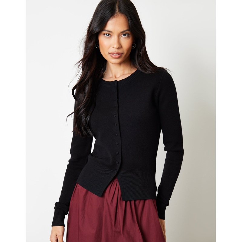 Black Crew Neck Compact Knitted Cardigan Black 8