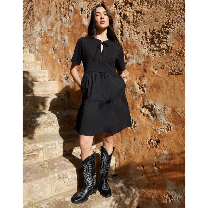 Black Tiered Jersey Poplin Mix Mini Dress Black 8