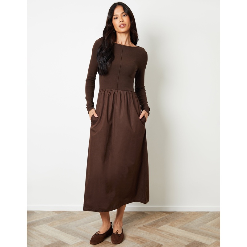 Chocolate Brown 2-in-1 Jersey Poplin Mix Slash Neck Long Sleeve Dress Chocolate Brown 8