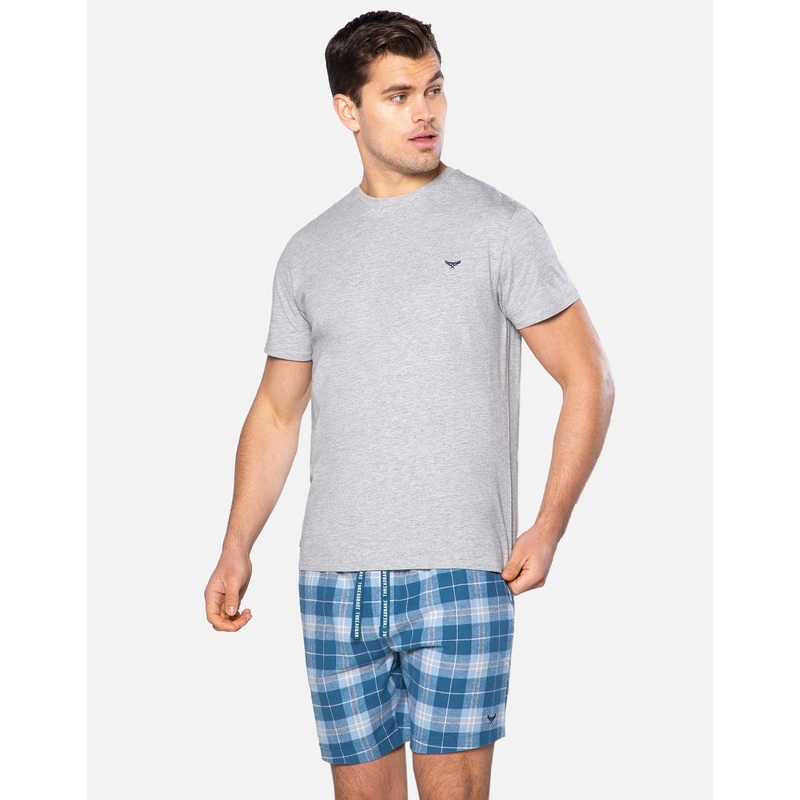Grey & Blue Check Pyjama Short & T-Shirt (2-Piece Set) Grey Marl S