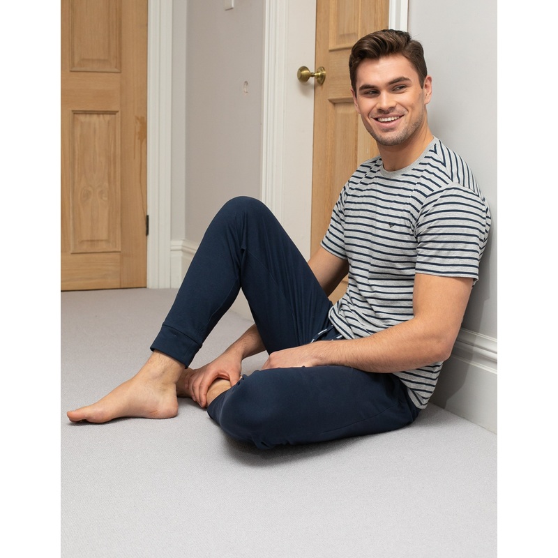 Grey & Navy Striped Pyjama Joggers & T-Shirt (2-Piece Set) Grey Marl S
