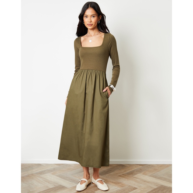 Khaki Green 2-in-1 Jersey Poplin Mix Square Neck Long Sleeve Dress Khaki Green 8