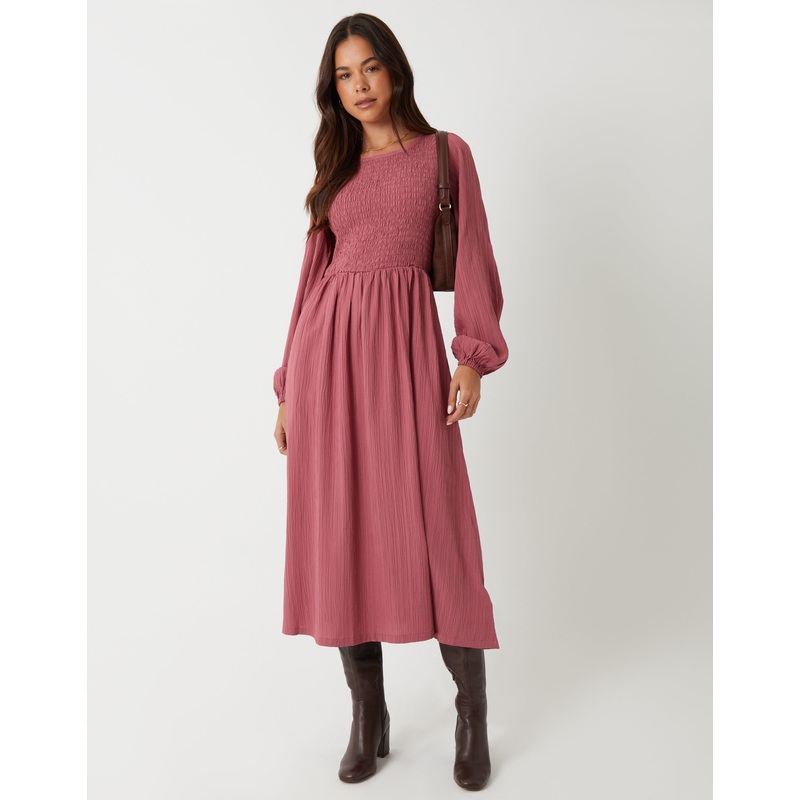 Pink Textured Shirred Balloon Sleeve Midi Dress Pink 8