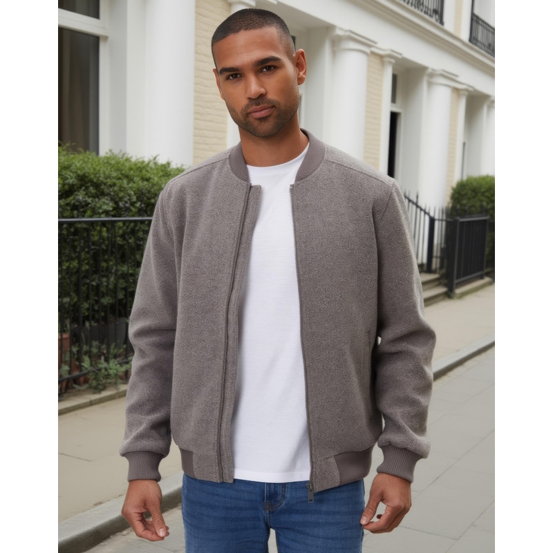 Taupe Faux Wool Bomber Jacket Taupe S