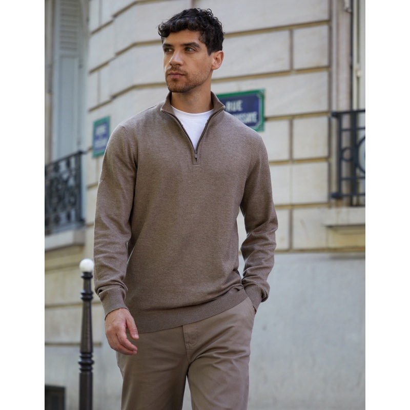 Taupe Marl Funnel Neck Quarter Zip Knitted Jumper Taupe Marl S