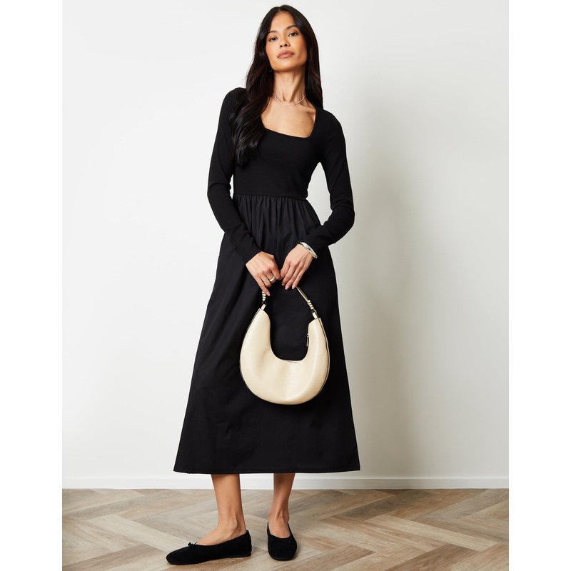 Black 2-in-1 Jersey Poplin Mix Square Neck Long Sleeve Dress Black 8