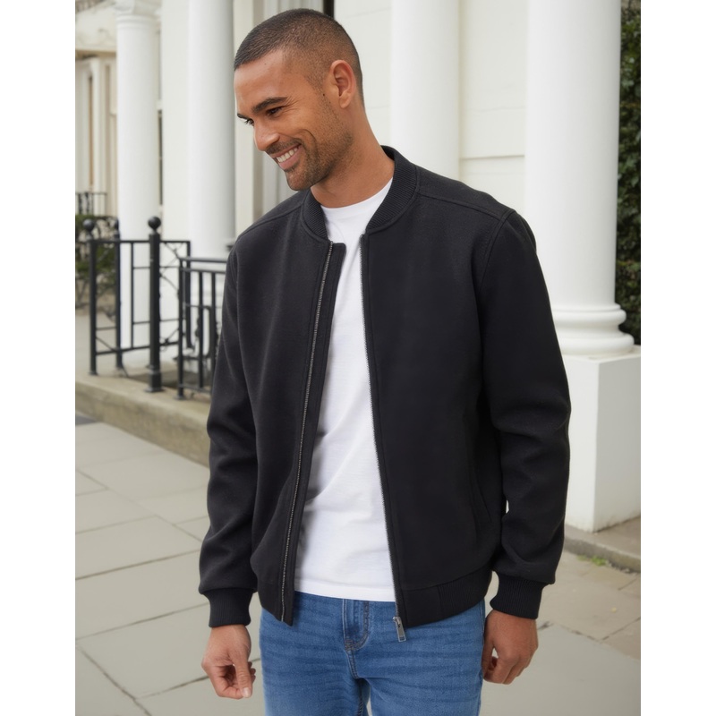 Black Faux Wool Bomber Jacket Black S
