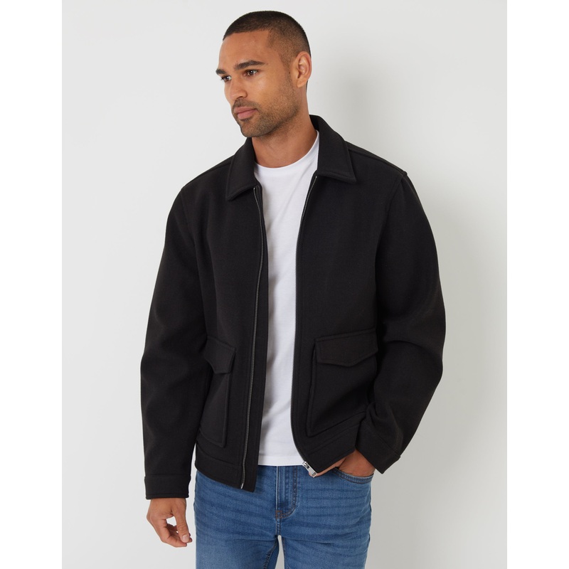 Black Faux Wool Collared Lightweight Utility Jacket Black S