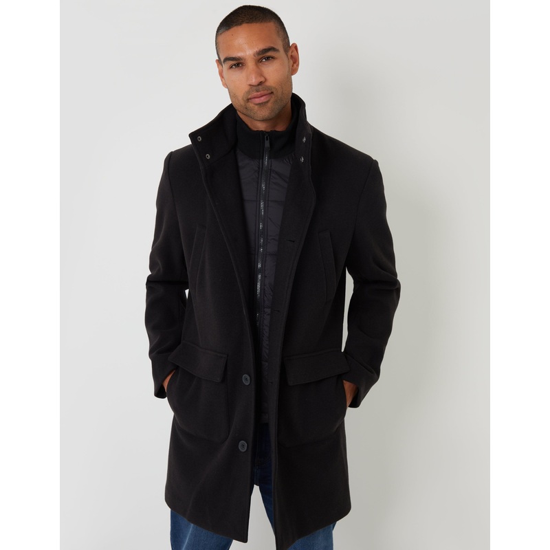Black Faux Wool Mock Layer Longline Utility Coat Black S