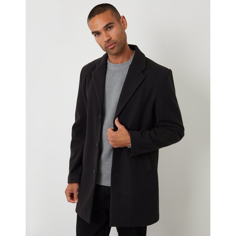 Black Faux Wool Overcoat Black S
