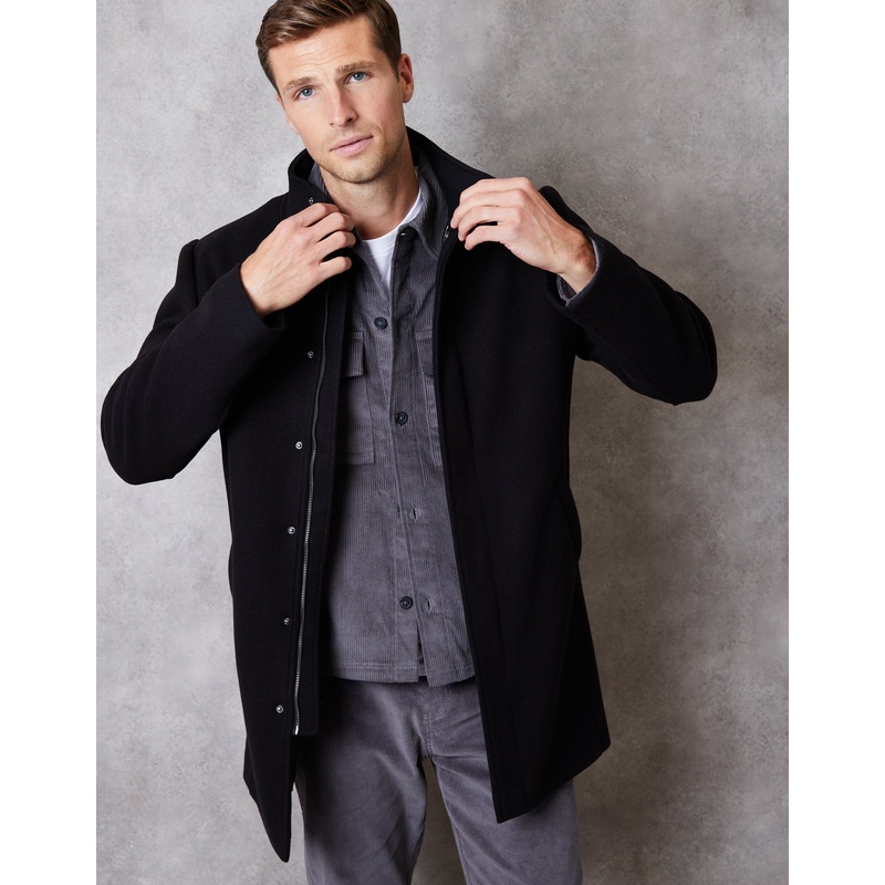 Black Longline Faux Wool Funnel Neck Coat Black S