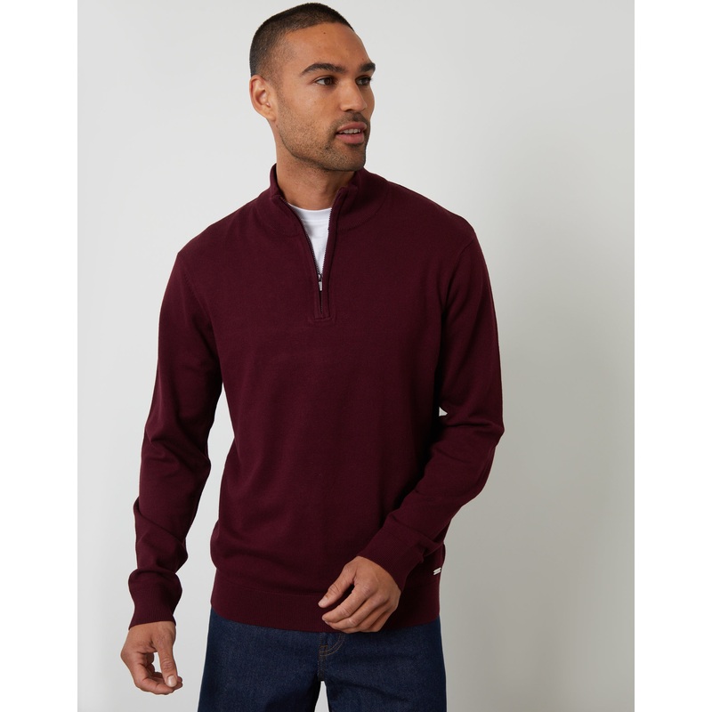 Burgundy Funnel Neck Quarter Zip Knitted Jumper Burgundy S