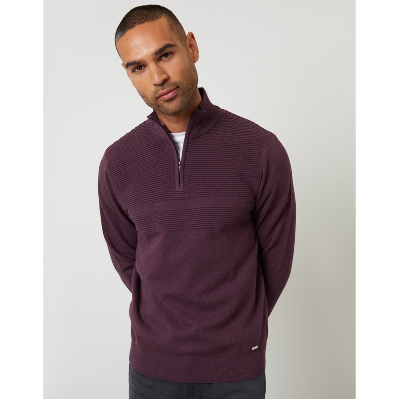 Burgundy Rib Detail Knitted Quarter Zip Jumper Burgundy S