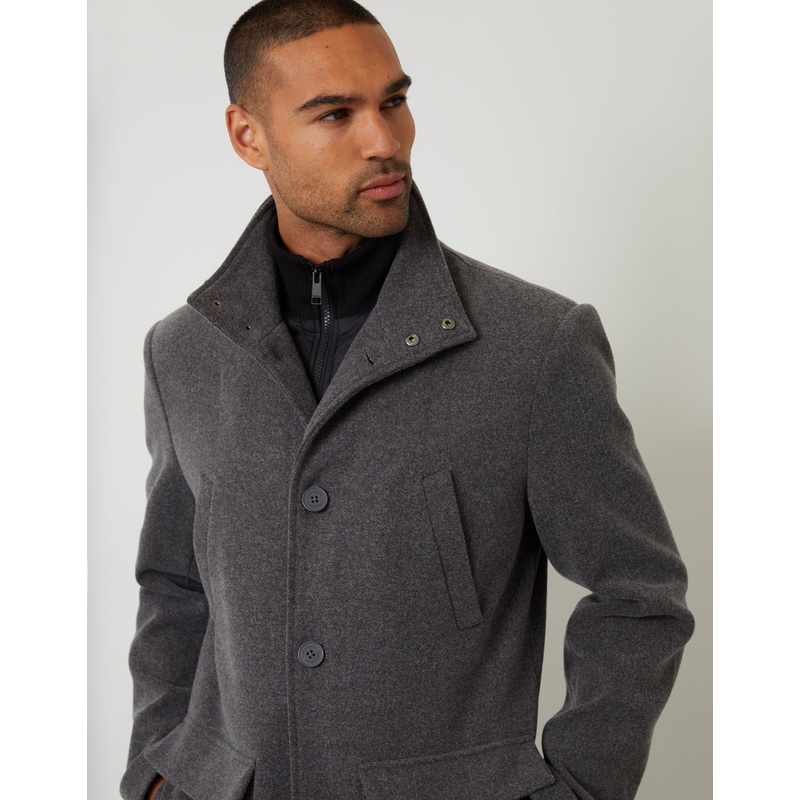 Charcoal Grey Faux Wool Mock Layer Longline Utility Coat Charcoal Grey S