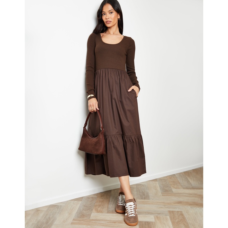 Chocolate Brown 2-in-1 Jersey Poplin Mix Scoop Neck Long Sleeve Dress Chocolate Brown 8