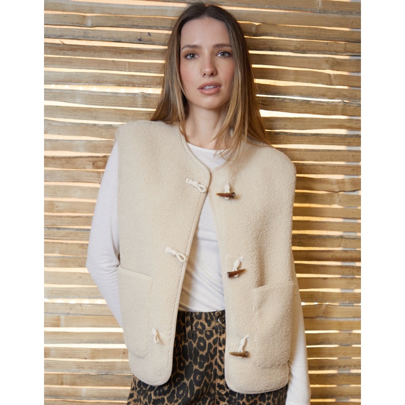 Ecru Toggle Fleece Borg Gilet Ecru S