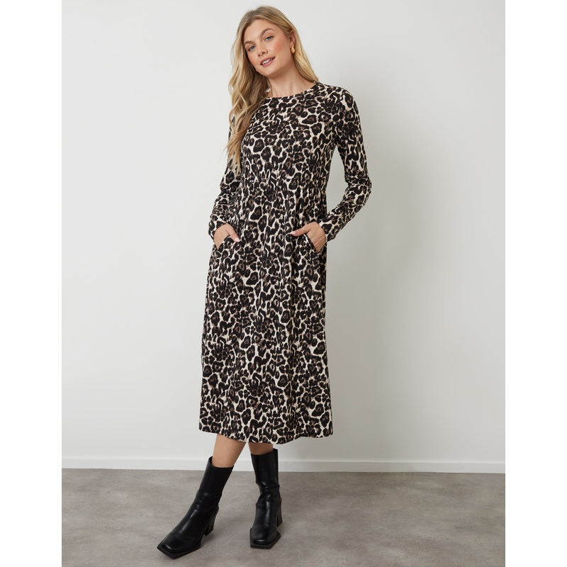 Leopard Print Long Sleeve Jersey Midi Dress Leopard Print 8