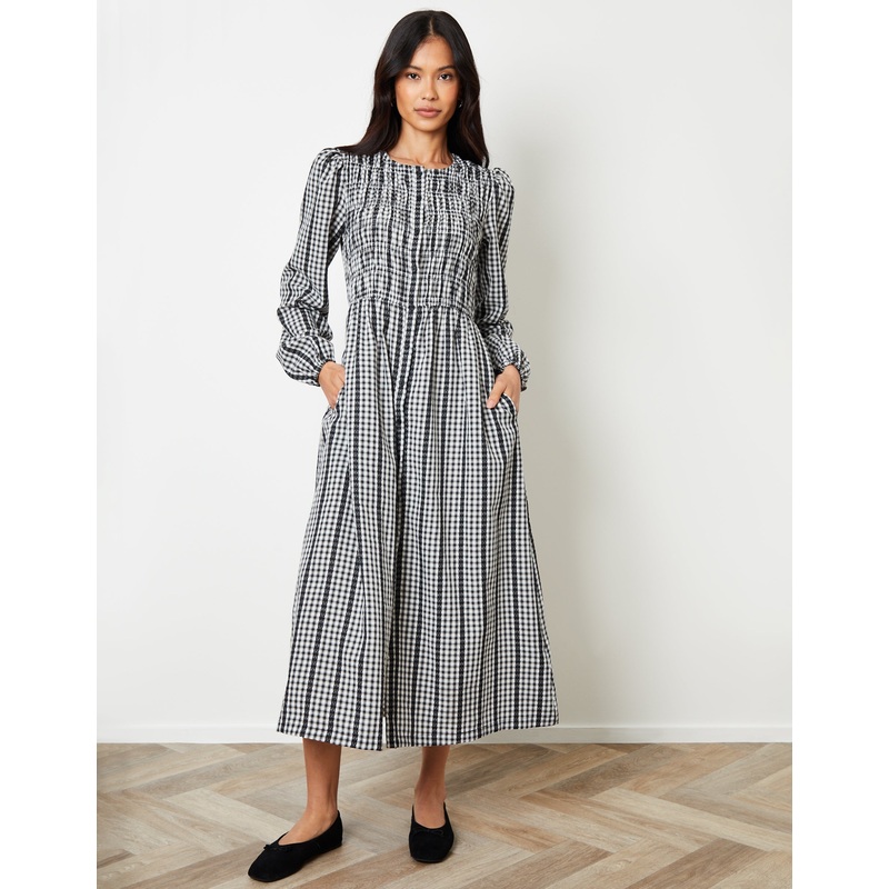 Mono Gingham Check Shirred Detail Midi Dress Mono 8