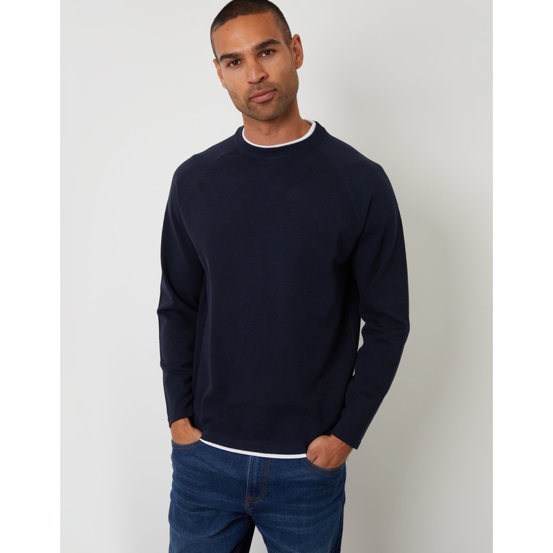 Navy Mock Tee Textured Knit Crew Neck Jumper Navy S