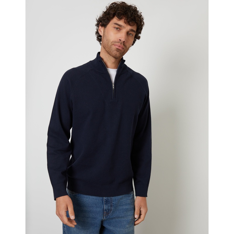 Navy Mock Tee Textured Knit Quarter Zip Jumper Navy S