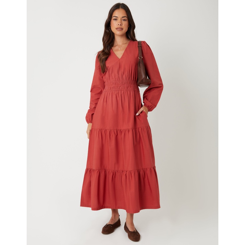 Rust Orange Shirred Waist Long Sleeve Poplin Midaxi Dress Rust Orange 8