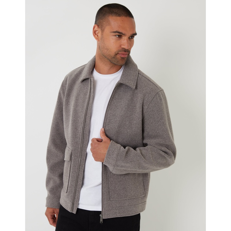 Taupe Faux Wool Collared Lightweight Utility Jacket Taupe S