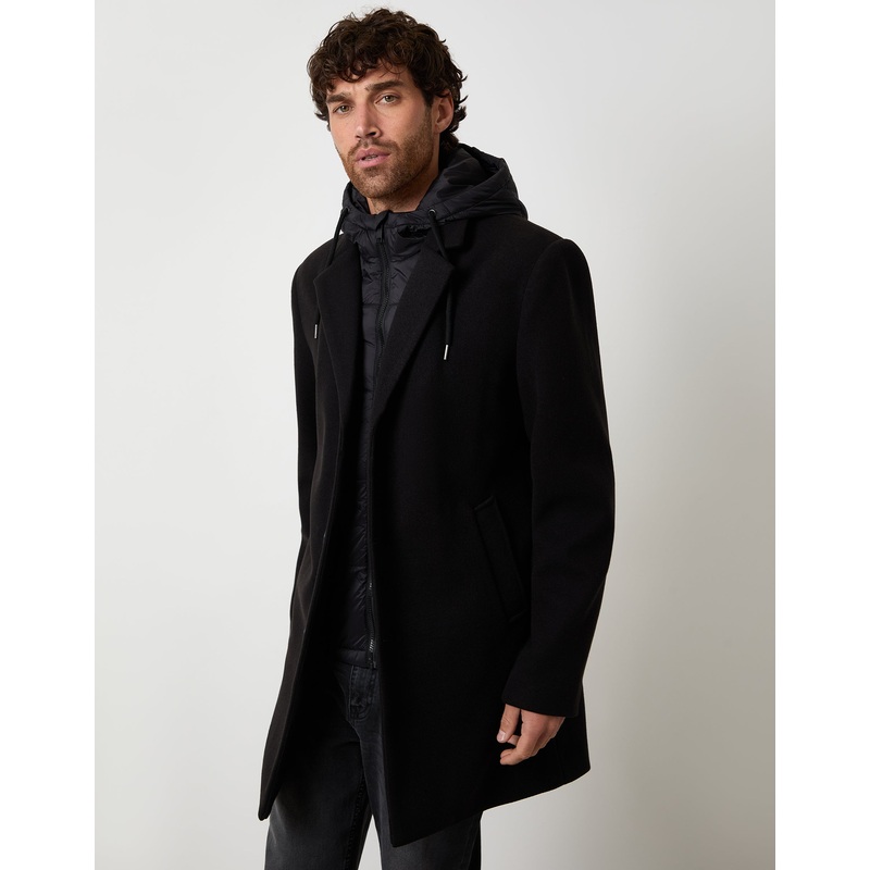 Black Faux Wool Mock Inner Hooded Longline Coat Black S