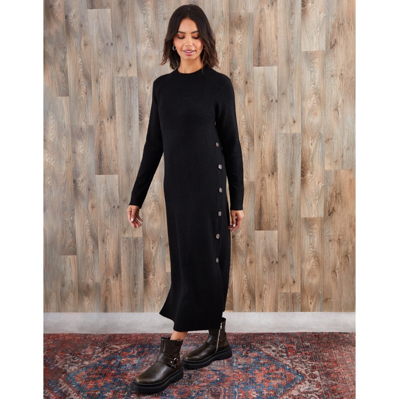 Black Knitted Side Button Detail Maxi Dress Black 8