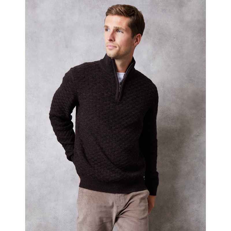 Brown Basket Stitch Quarter Zip Jumper Brown S