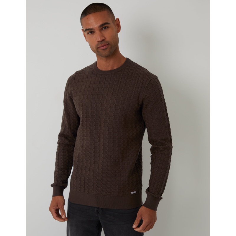 Brown Cable Knit Crew Neck Jumper Brown S