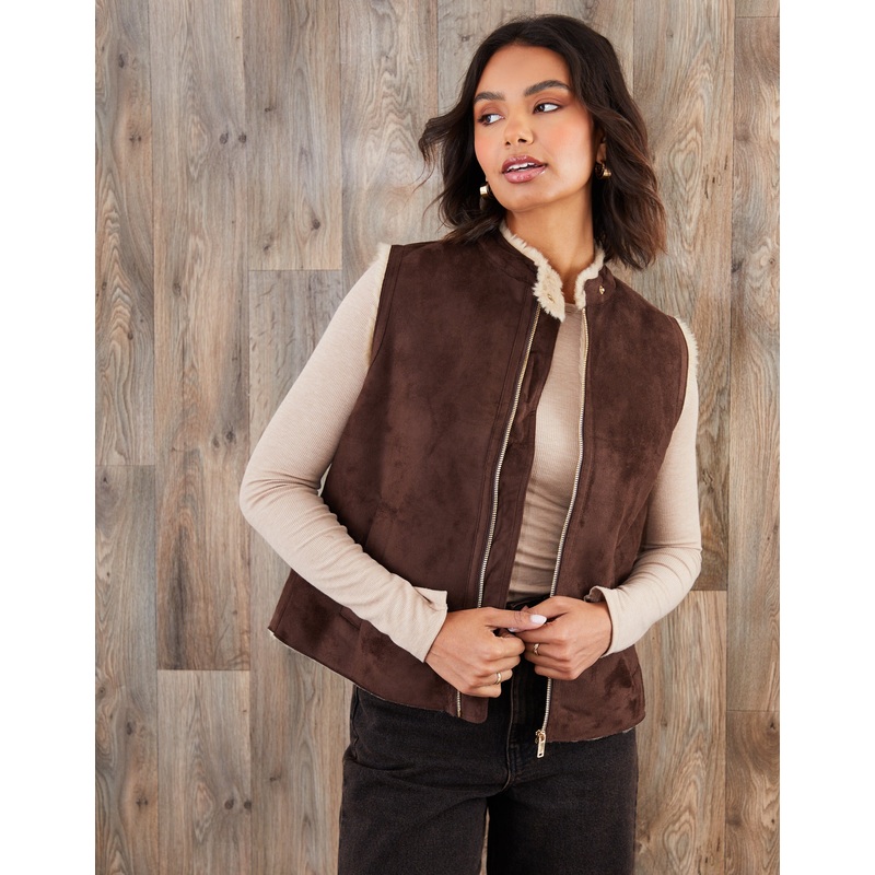 Chocolate Brown Faux Suede Borg Lined Gilet Chocolate Brown 8