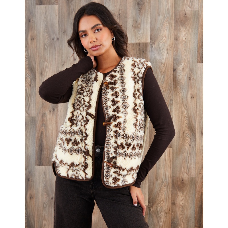 Cream Printed Fleece Borg Gilet Cream S
