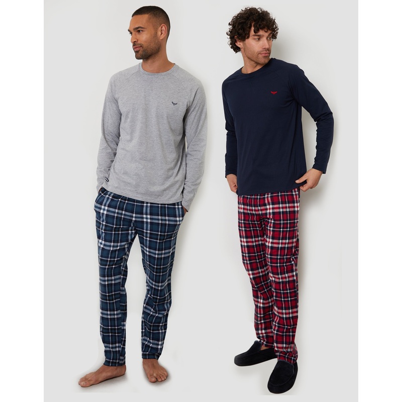 Grey & Navy Check Long Pyjamas (2-Piece Set) (2 Pack) Grey & Navy S