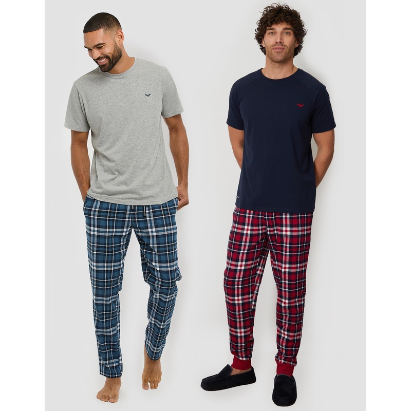 Grey & Navy Short Sleeve T-Shirt & Check Pants Pyjama Set (2-Piece Set) (2 Pack) Grey & Navy S