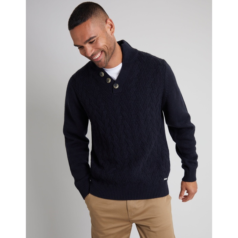 Navy Mock Neck Funnel Neck Cable Knit Jumper Navy S