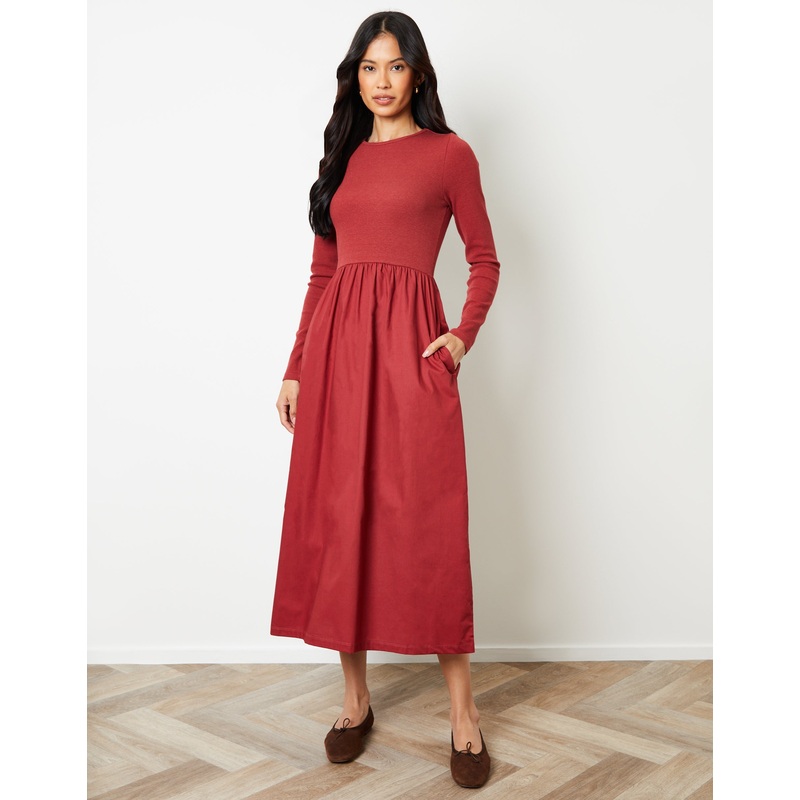 Rust Orange Rib Jersey 2-in-1 Midi Dress with Poplin Skirt Rust Orange 8