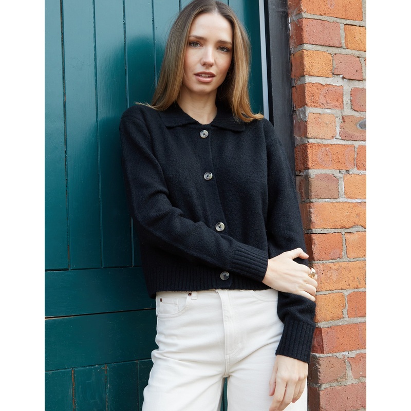Black Cropped Collared Knitted Cardigan Black 8