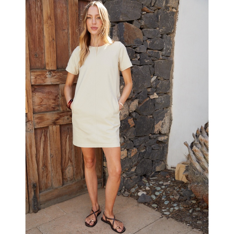 Ecru Short Sleeve Braid Detail Denim Mini Dress Ecru 8