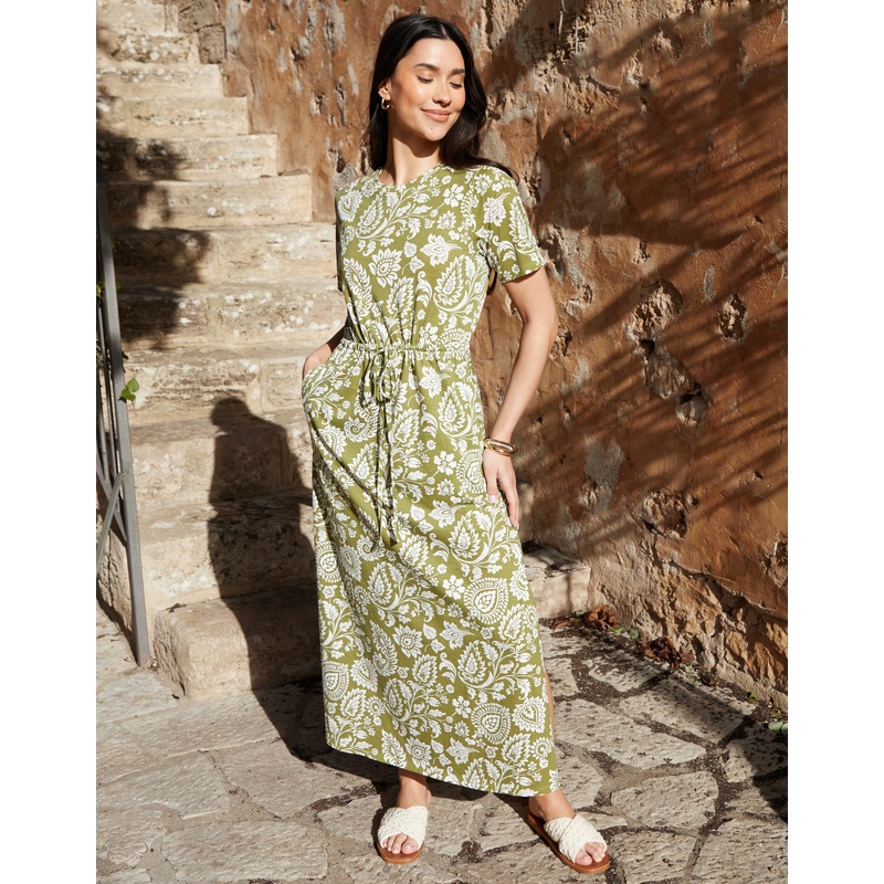 Khaki Green Paisley Print Ruched Waist Jersey Midi Dress Khaki Green 8