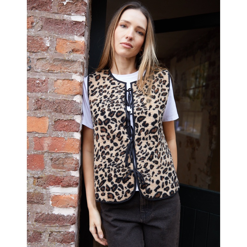 Leopard Print Tie Front Borg Gilet Leopard 8