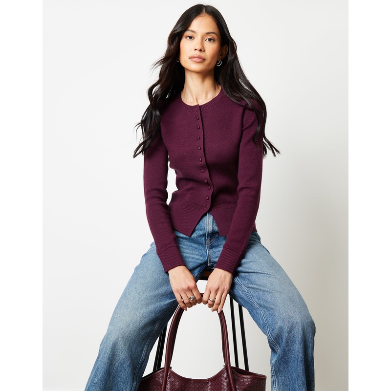 Berry Red Crew Neck Compact Knitted Cardigan Berry Red 8