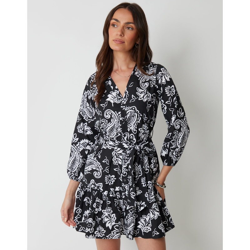 Black Paisley Print V-Neck Belted Shirt Dress Black 8