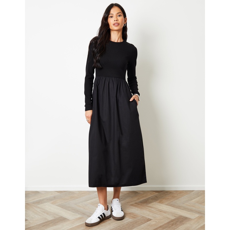 Black Rib Jersey 2-in-1 Midi Dress with Poplin Skirt Black 8
